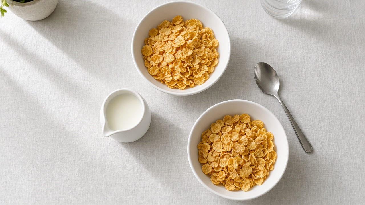 Two bowls of corn flakes, a jug of milk and a spoon