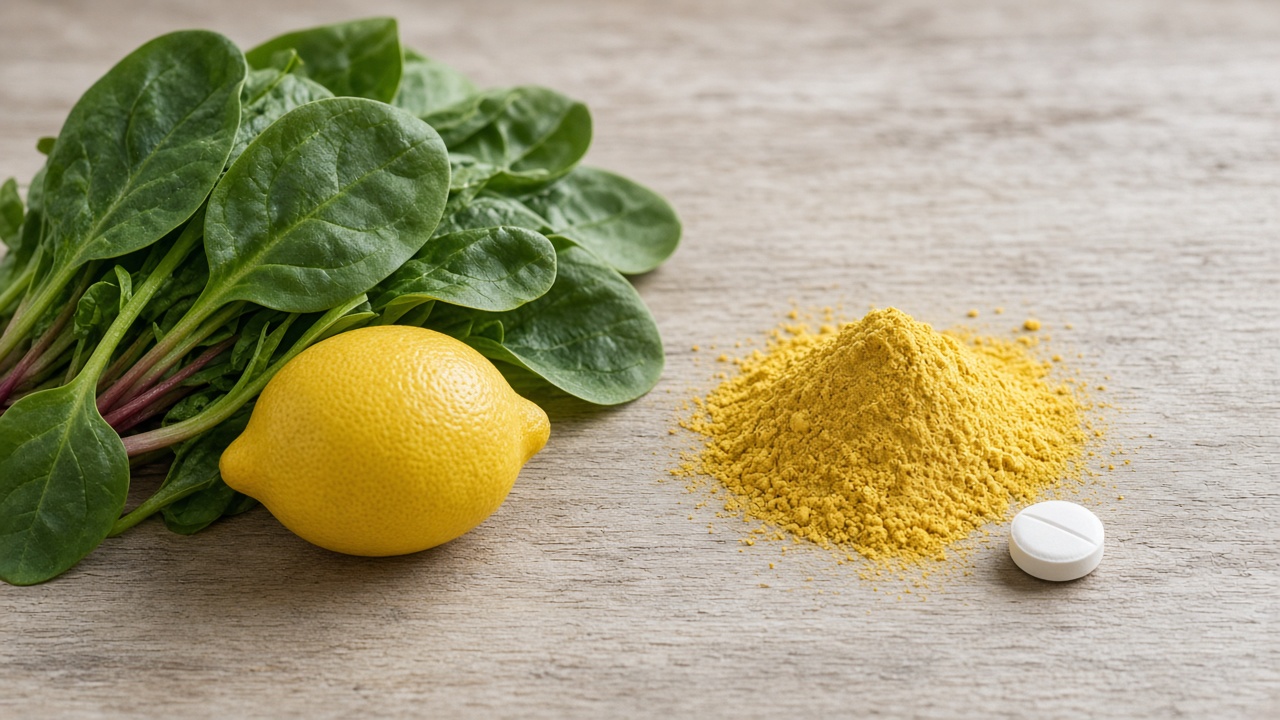 Spinach and a lemon beside a pile of yellow powder and a plain white tablet