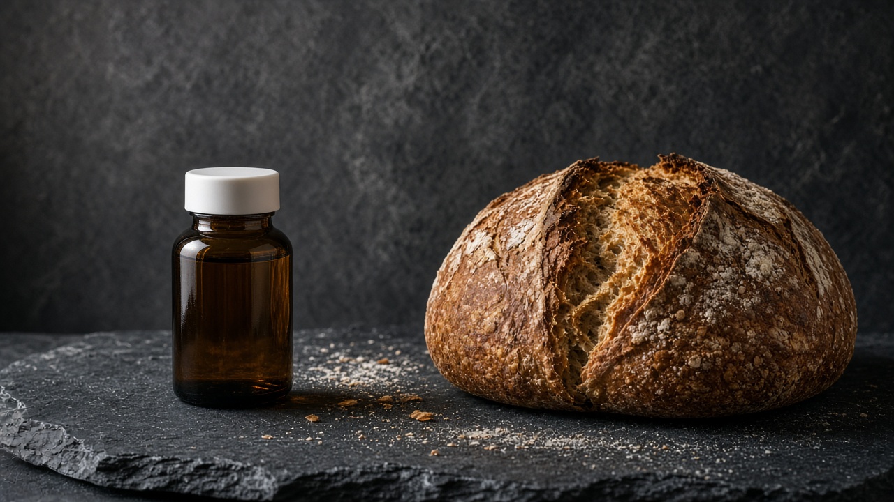 A small unmarked supplement bottle next to a loaf of bread
